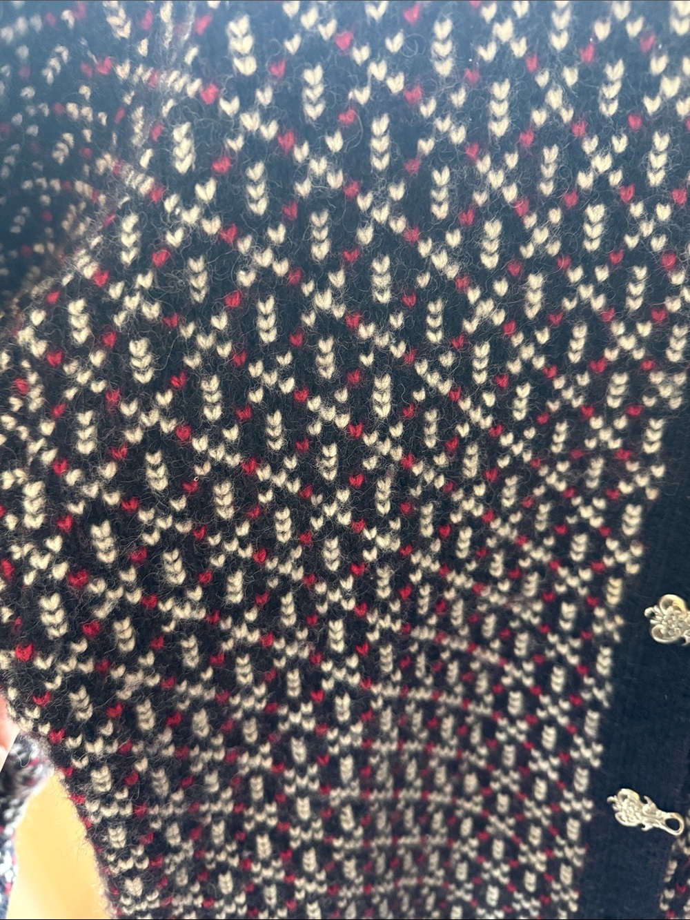 L.L. Bean Navy Wool Cardigan with Red and White Hearts - Picture 5 of 5